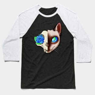 Blue Rose Cat Skull Baseball T-Shirt